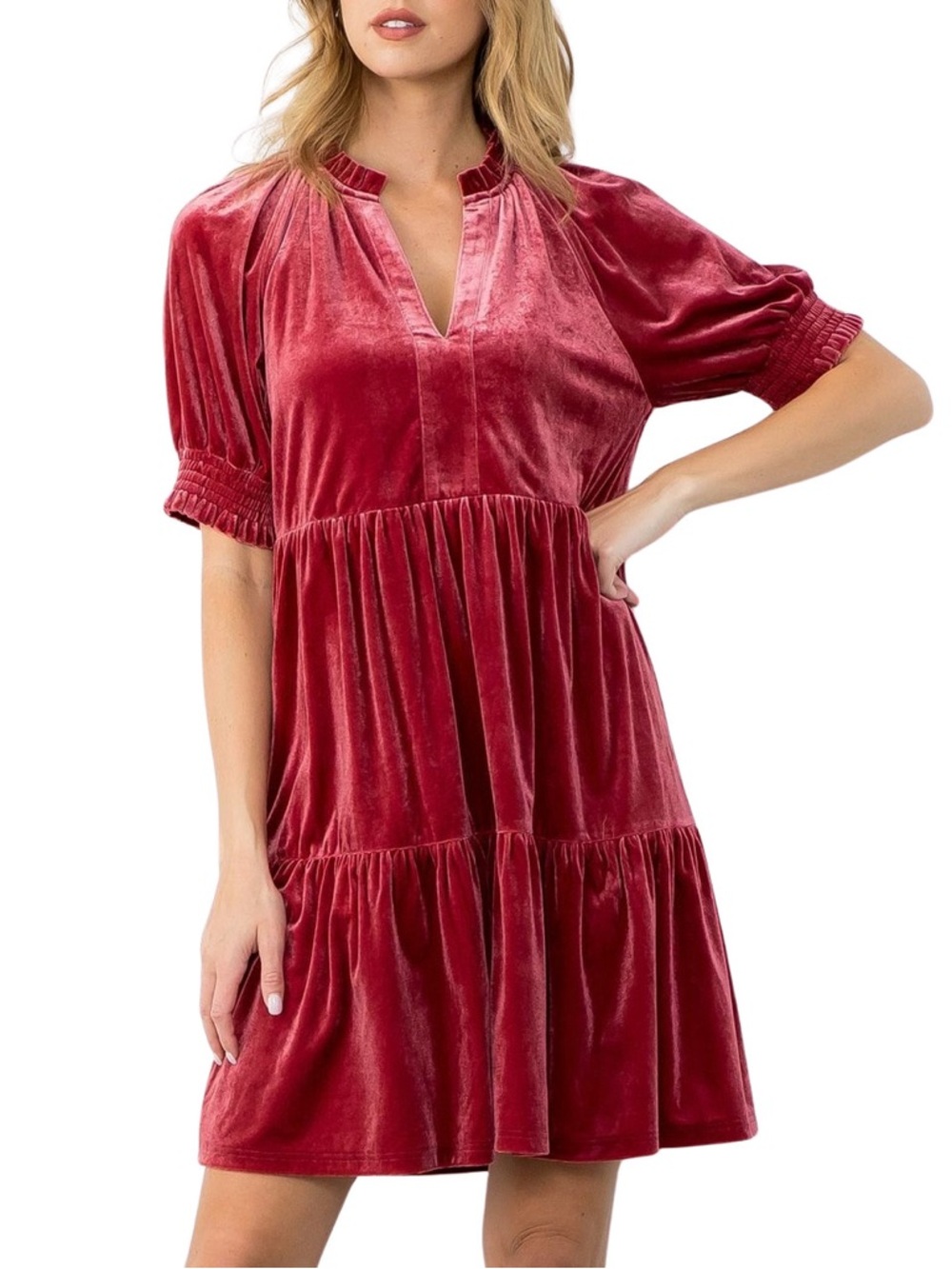 THML Pink Velvet Tiered Short Sleeve Dress Puff Sleeves Ruffles Women’s Large